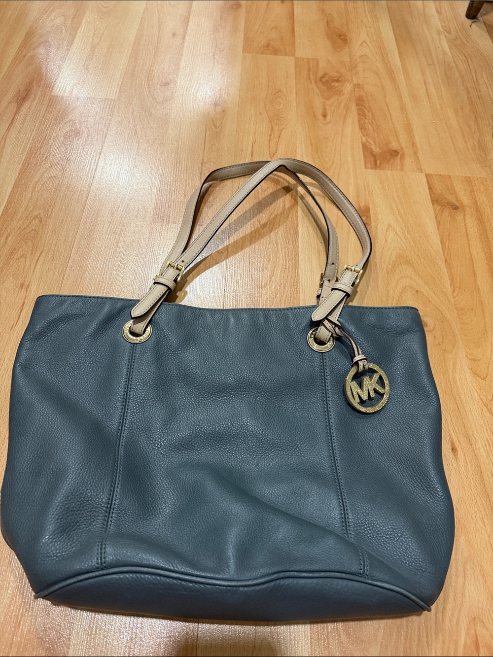 Michael Kors Teal Leather Tote with Beige Straps and Gold Hardware